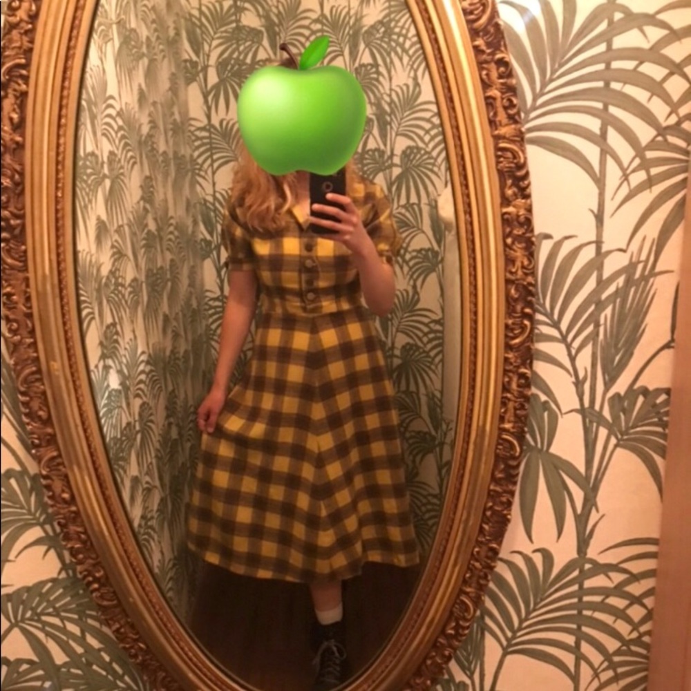Light Academia True Vintage Yellow Plaid Wool Midi Dress